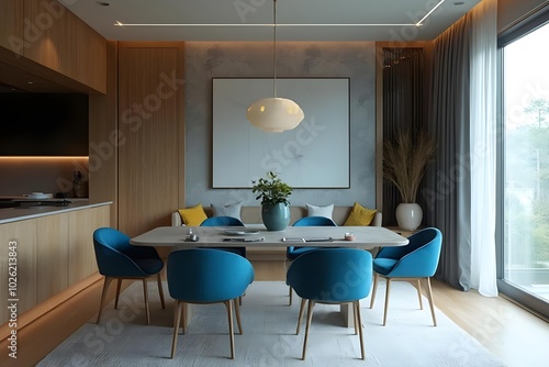 Japandi, minimalist interior design of modern living room. Dining room with blue dining table and stylish chairs