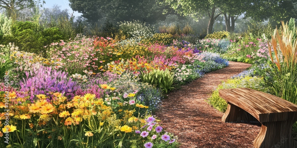 Obraz premium Illustration of Wooden bench in a beautiful flower garden on a sunny summer day 