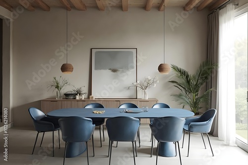 Japandi, minimalist interior design of modern living room. Dining room with blue dining table and stylish chairs