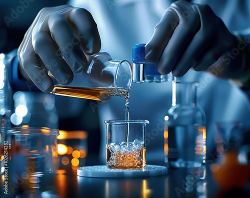 Scientist Observing Yellow Substances in Laboratory Equipment Setup.