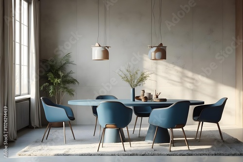Japandi, minimalist interior design of modern living room. Dining room with blue dining table and stylish chairs
