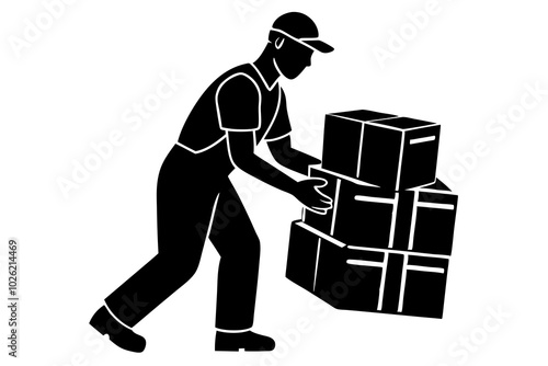 Warehouse worker loading wooden boxes vector | vector silhouette illustration on white background