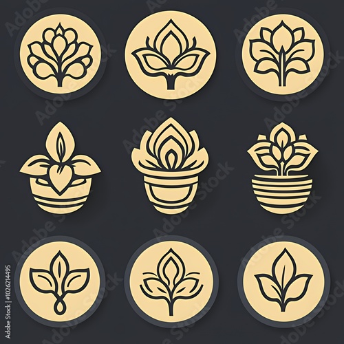 Nine minimalist plant icons in gold on a black background.