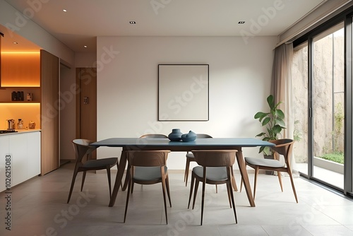 Japandi, minimalist interior design of modern living room. Dining room with blue dining table and stylish chairs