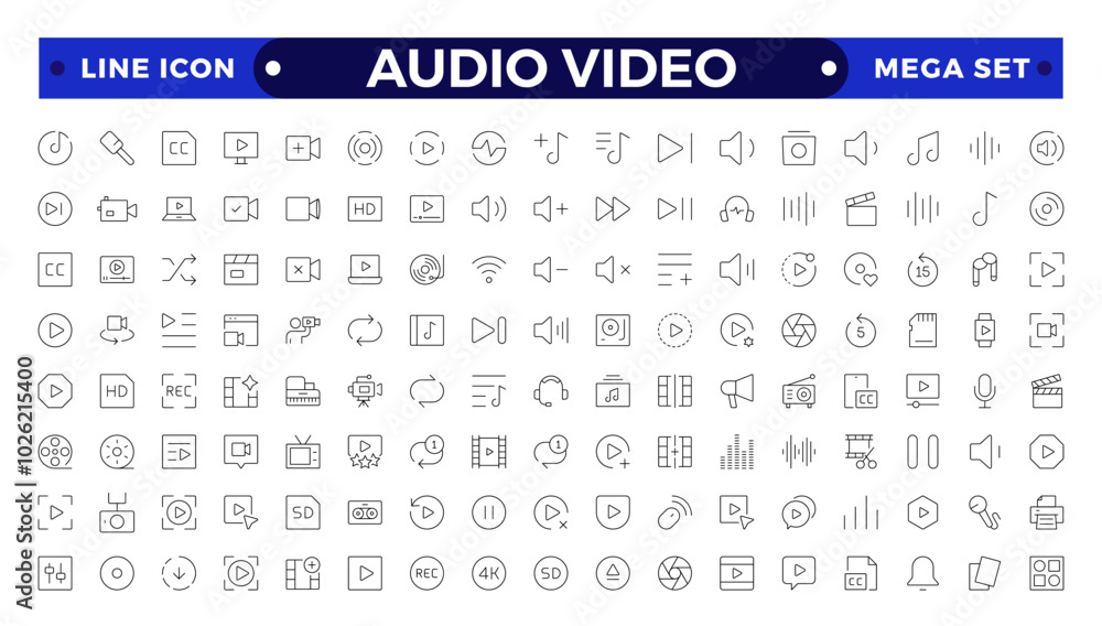 Audio and video web icons set in Outline design. Pack of camera movie, voice, radio, music streaming, photography, headphones, cinema, podcast, broadcasting, other. Audio and video web icons set in Outline design. Pack of camera movie, voice, radio, music streaming, photography, headphones, cinema, podcast, broadcasting, other.