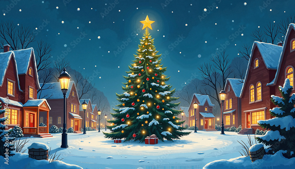 Festive Christmas Tree Glowing Majestically in Snowy Village Square at Night Festive Christmas Tree Glowing Majestically in Snowy Village Square at Night