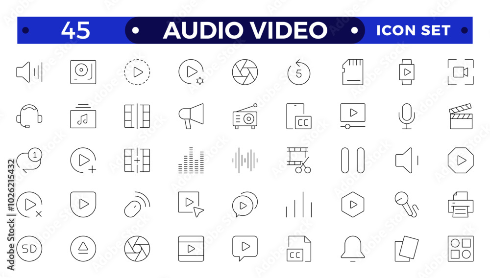 Audio and video web icons set in Outline design. Pack of camera movie, voice, radio, music streaming, photography, headphones, cinema, podcast, broadcasting, other. Audio and video web icons set in Outline design. Pack of camera movie, voice, radio, music streaming, photography, headphones, cinema, podcast, broadcasting, other.