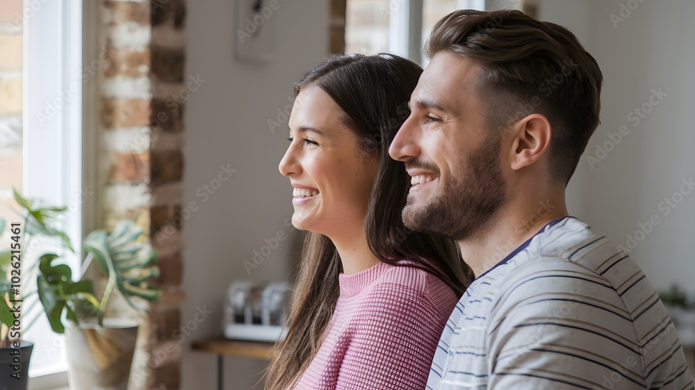 Side view smiley couple indoors Side view smiley couple indoors