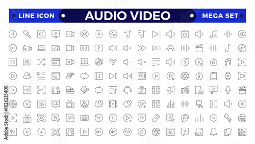 Audio and video web icons set in Outline design. Pack of camera movie, voice, radio, music streaming, photography, headphones, cinema, podcast, broadcasting, other.