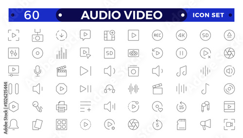 Audio and video web icons set in Outline design. Pack of camera movie, voice, radio, music streaming, photography, headphones, cinema, podcast, broadcasting, other.