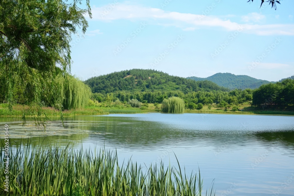 A tranquil lakeside view at midday with lush greenery and gentle hills in the background A tranquil lakeside view at midday with lush greenery and gentle hills in the background