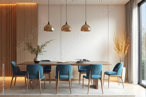 Japandi, minimalist interior design of modern living room. Dining room with blue dining table and stylish chairs