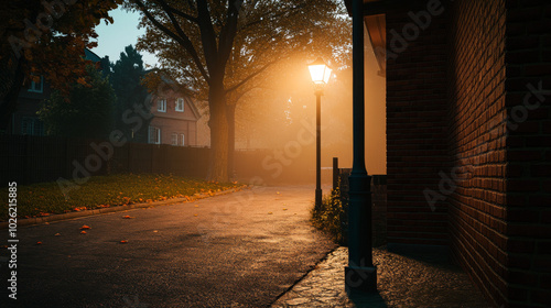 A quiet evening walk along a foggy pathway illuminated by a streetlamp in a suburban neighborhood