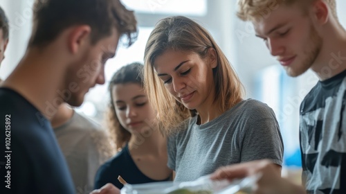 Group helping at shelter, diverse group including a middle-aged Hispanic woman with brown hair and a young white man with blonde hair,  copy space