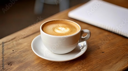 Close-up of a fresh cup of coffee on a wooden desk with a notebook.