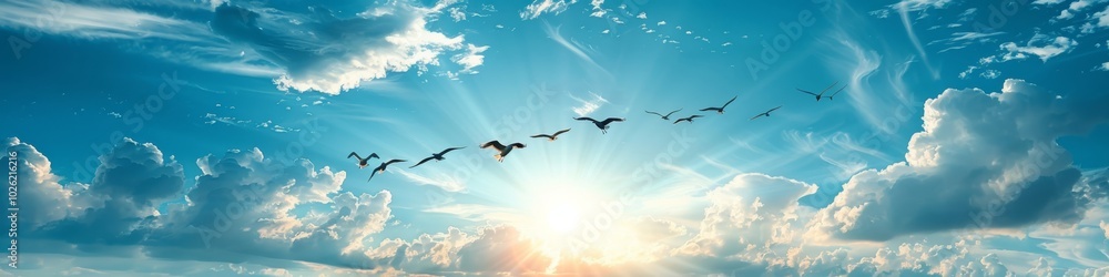 Obraz premium Flock of birds flying across a bright sky with sunbeams and clouds.