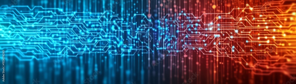 Fototapeta premium Abstract digital circuit pattern background in blue and orange tones.