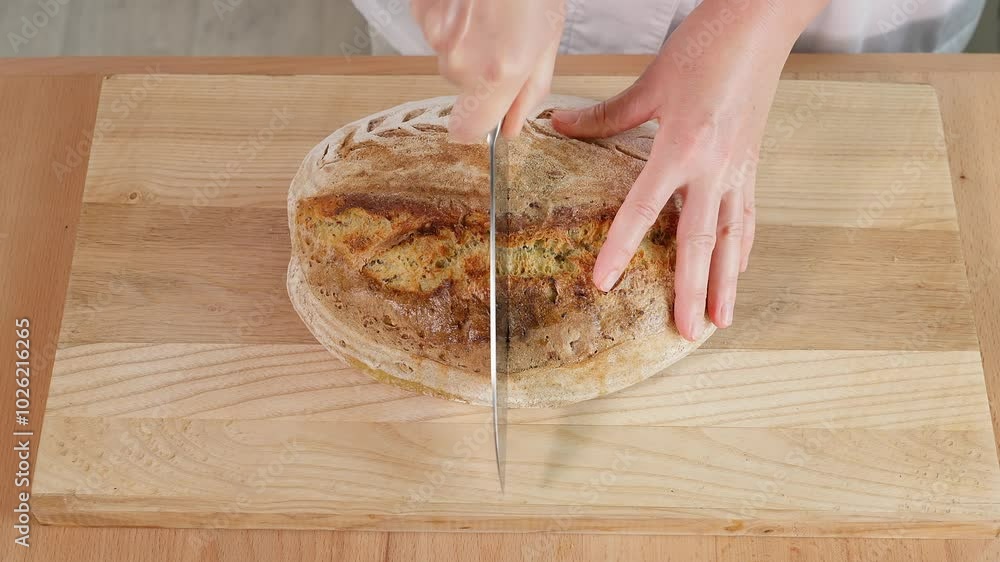 Hands of a girl cutting freshly baked homemade, crispy, aromatic bread on a wooden board into two parts with a professional knife. Close-up, top view. Sourdough bread, bread baking, shaping, bread on Hands of a girl cutting freshly baked homemade, crispy, aromatic bread on a wooden board into two parts with a professional knife. Close-up, top view. Sourdough bread, bread baking, shaping, bread on