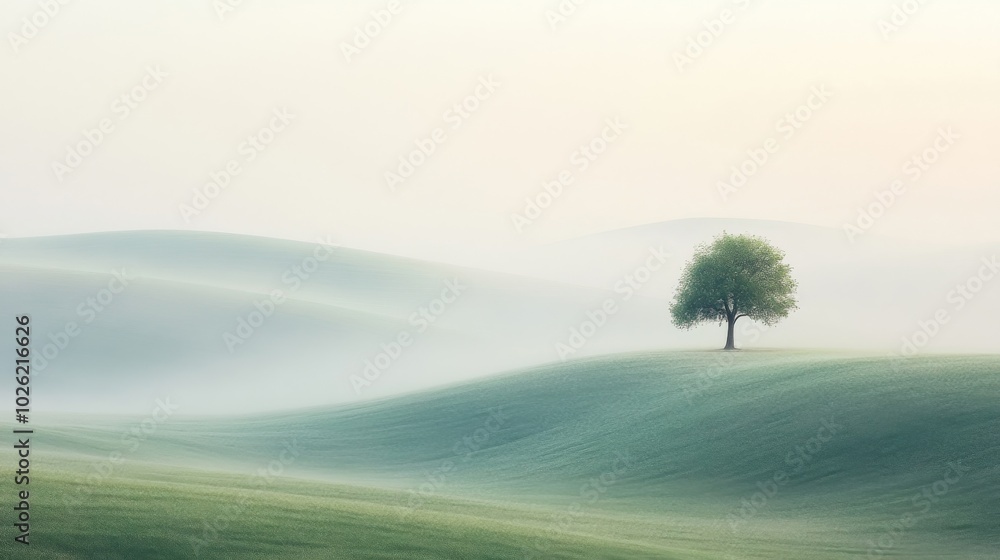 Fototapeta premium Solitary Tree in a Misty Field with Rolling Hills