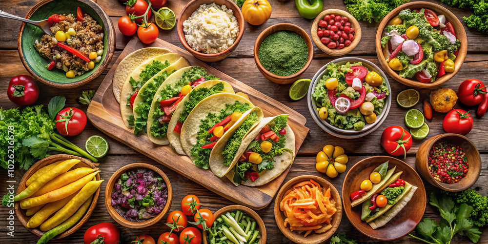 Delicious tacos filled with fresh vegetables, surrounded by vibrant array of salads, sauces, and colorful ingredients, create feast for senses