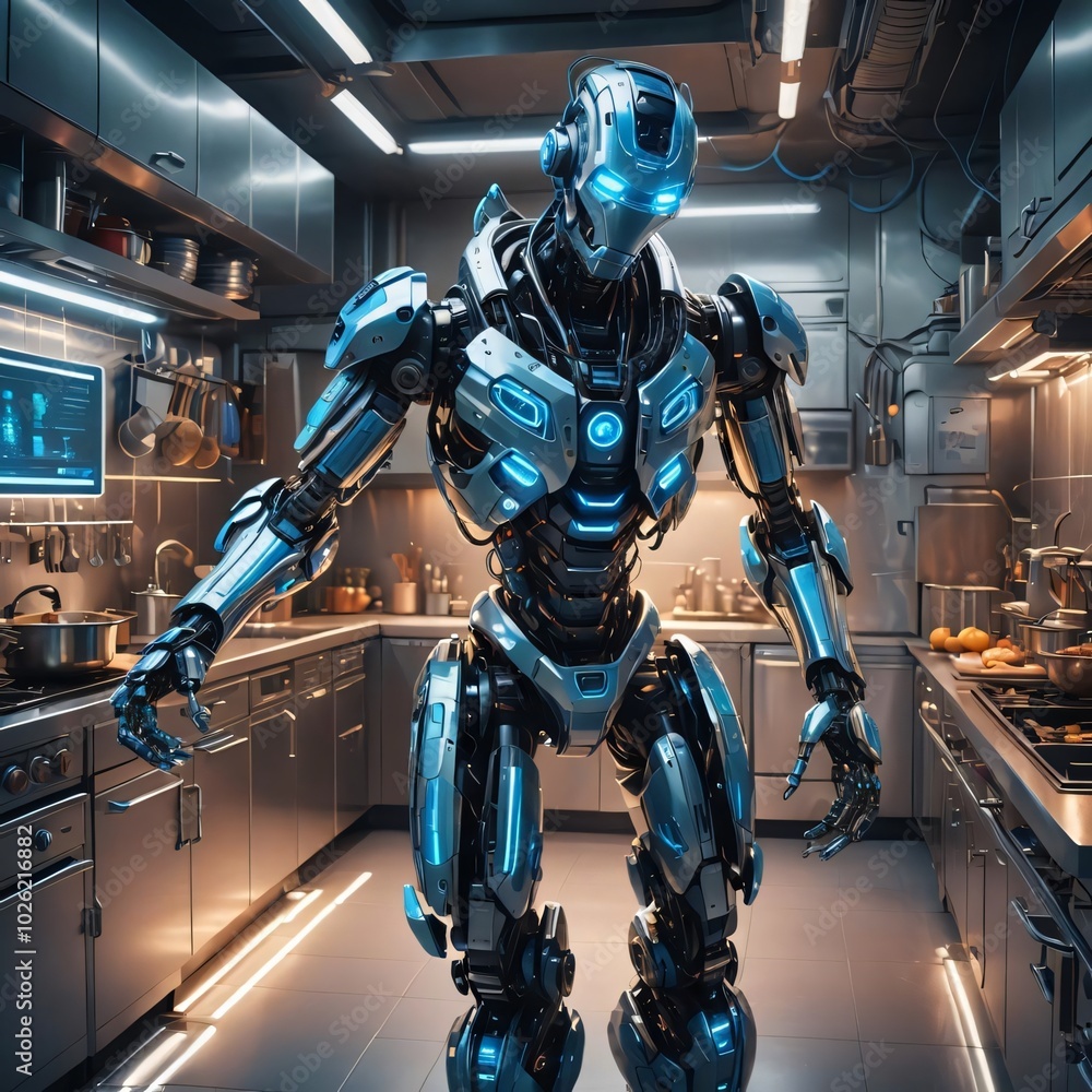 high-Tech Robot Chef in a Futuristic Kitchen high-Tech Robot Chef in a Futuristic Kitchen
