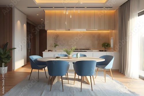 Japandi, minimalist interior design of modern living room. Dining room with blue dining table and stylish chairs