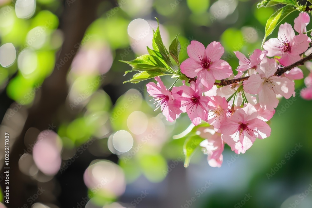 Delicate cherry blossoms elegantly bloom under the warm spring sunlight in a lush garden Delicate cherry blossoms elegantly bloom under the warm spring sunlight in a lush garden