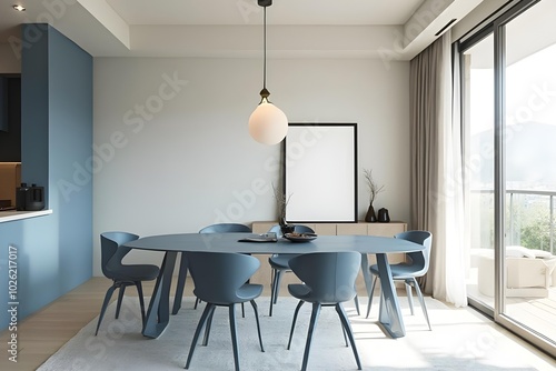 Japandi, minimalist interior design of modern living room. Dining room with blue dining table and stylish chairs