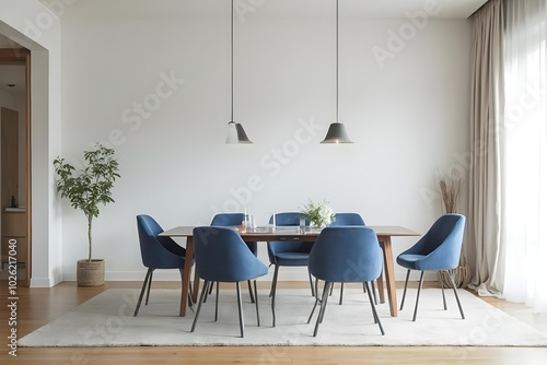 Japandi, minimalist interior design of modern living room. Dining room with blue dining table and stylish chairs