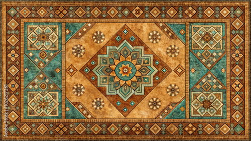 beautifully designed rug featuring geometric pattern with rich brown and turquoise colors, adding touch of elegance to any space. Its intricate details create warm and inviting atmosphere