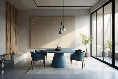 Japandi, minimalist interior design of modern living room. Dining room with blue dining table and stylish chairs