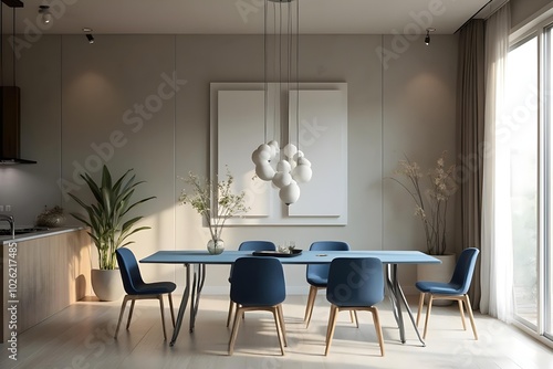 Japandi, minimalist interior design of modern living room. Dining room with blue dining table and stylish chairs