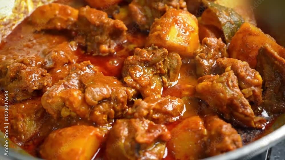 Mutton Curry Cooking with potato in pan close view Mutton Curry Cooking with potato in pan close view