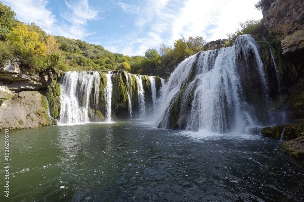 Majestic waterfalls cascade into a tranquil pool surrounded by lush greenery in autumn Majestic waterfalls cascade into a tranquil pool surrounded by lush greenery in autumn