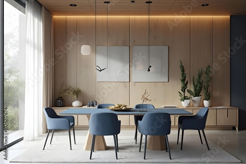 Japandi, minimalist interior design of modern living room. Dining room with blue dining table and stylish chairs