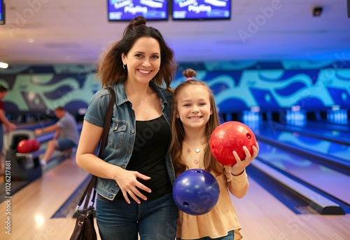 A mother and her daughter are going to the bowling alley