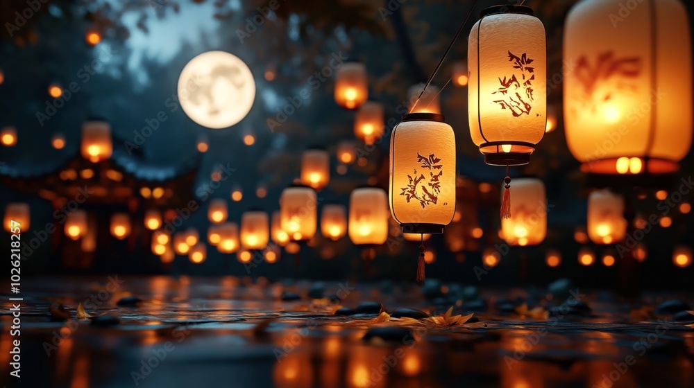 Illuminated paper lanterns with intricate designs hanging outdoors at night with a blurred background and large glowing moon. Illuminated paper lanterns with intricate designs hanging outdoors at night with a blurred background and large glowing moon.