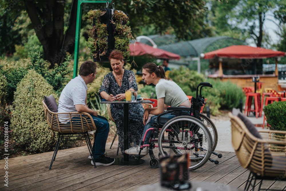 Obraz premium A group of three friends, including one in a wheelchair, sharing a pleasant conversation at an outdoor cafe. The setting is casual and filled with greenery, fostering a cheerful and inclusive