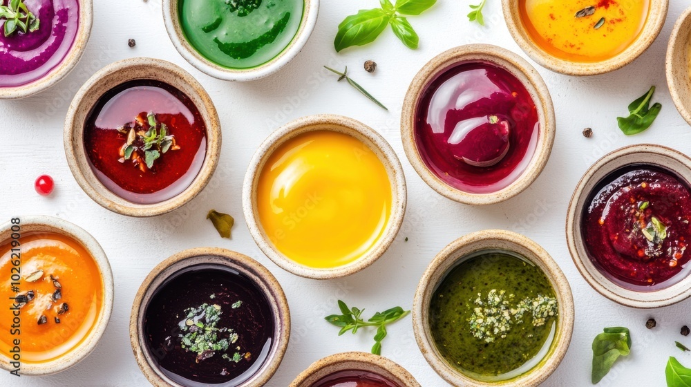 Colorful sauces presented in rustic bowls, laid out on a pristine white surface, captured from a top-down view, emphasizing vibrant colors and texture Colorful sauces presented in rustic bowls, laid out on a pristine white surface, captured from a top-down view, emphasizing vibrant colors and texture