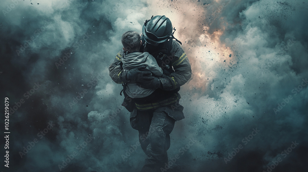 Fototapeta premium Firefighter rescuing a child from a smoke-filled room