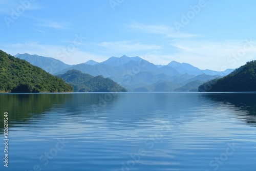 Serene lake surrounded by majestic mountains during a clear sunny day in nature