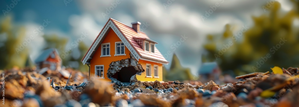 Small orange house model with large hole in the wall, surrounded by debris.