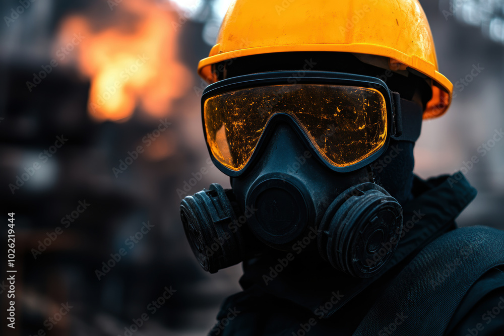 A worker in safety gear stands resolute amidst chaos, showcasing determination and protection in hazardous conditions, reflecting bravery in the face of adversity. A worker in safety gear stands resolute amidst chaos, showcasing determination and protection in hazardous conditions, reflecting bravery in the face of adversity.