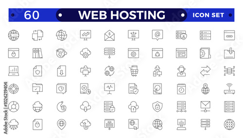 Web Hosting outline web icons set. Web hosting, server, CDN, VPN, domain, FTP, internet, backup, SSL, database and firewall.