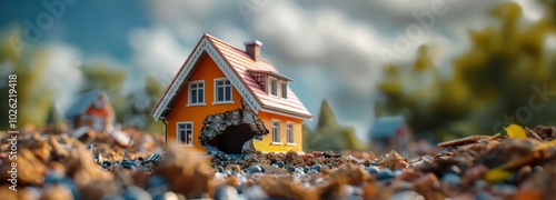 Obraz na płótnie Small orange house model with large hole in the wall, surrounded by debris. w salonie