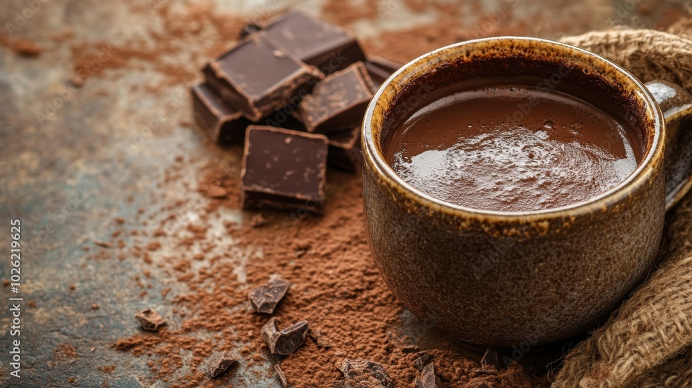Dark chocolate hot cocoa in a ceramic cup, promoting its health benefits and comforting warmth, set on a rustic surface with copy space. Dark chocolate hot cocoa in a ceramic cup, promoting its health benefits and comforting warmth, set on a rustic surface with copy space.