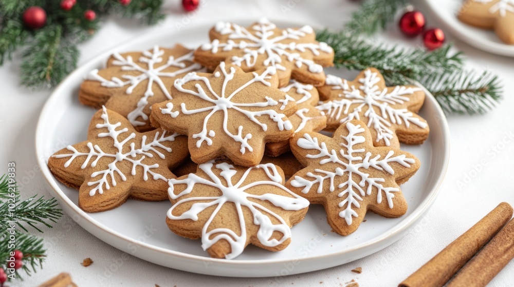 Festive gingerbread cookies, carefully decorated with icing, displayed on a white plate with holiday-themed garnishes like cinnamon sticks and holly leaves. Festive gingerbread cookies, carefully decorated with icing, displayed on a white plate with holiday-themed garnishes like cinnamon sticks and holly leaves.