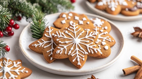 Festive gingerbread cookies, carefully decorated with icing, displayed on a white plate with holiday-themed garnishes like cinnamon sticks and holly leaves.