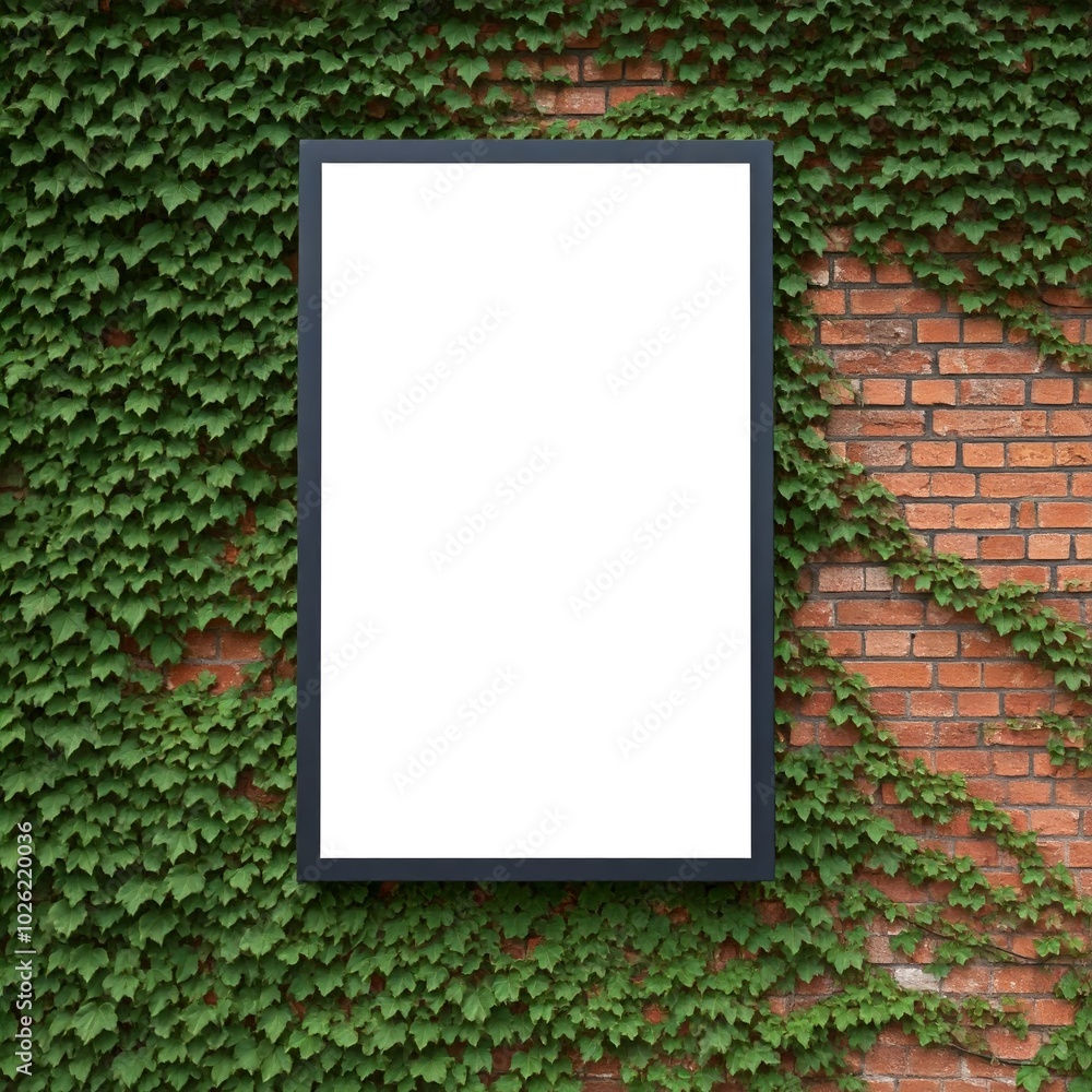 Vertical blank poster mockup framed on a brick wall with ivy, perfect for advertising or design presentations. Vertical blank poster mockup framed on a brick wall with ivy, perfect for advertising or design presentations.