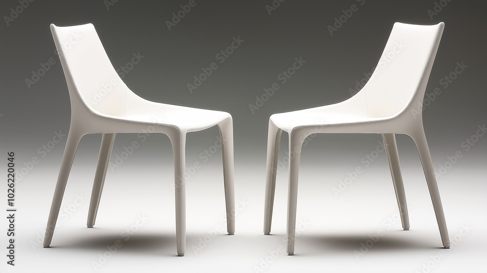 Two modern white chairs with minimalist design placed facing each other against a neutral gradient background. Two modern white chairs with minimalist design placed facing each other against a neutral gradient background.